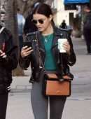 Lucy Hale in a Chanel Bag and Leather Moto Jacket at Alfred Coffee in Studio City