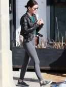 Lucy Hale in a Chanel Bag and Leather Moto Jacket at Alfred Coffee in Studio City