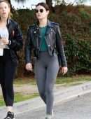 Lucy Hale in a Chanel Bag and Leather Moto Jacket at Alfred Coffee in Studio City