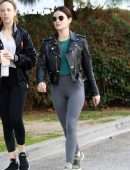 Lucy Hale in a Chanel Bag and Leather Moto Jacket at Alfred Coffee in Studio City