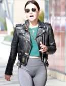Lucy Hale in a Chanel Bag and Leather Moto Jacket at Alfred Coffee in Studio City