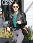 Lucy Hale in a Chanel Bag and Leather Moto Jacket at Alfred Coffee in Studio City