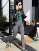Lucy Hale in a Chanel Bag and Leather Moto Jacket at Alfred Coffee in Studio City