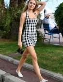 Kimberley Garner in Checkered Dress during Cannes Film Festival in Cannes, France