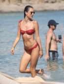 Alessandra Ambrosio in Red Bikini at the Beach in Mykonos