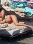 Alessandra Ambrosio in Red Bikini at the Beach in Mykonos