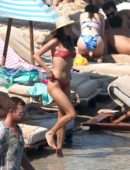 Alessandra Ambrosio in Red Bikini at the Beach in Mykonos