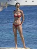 Alessandra Ambrosio in Red Bikini at the Beach in Mykonos