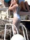 Amber Heard Pokies in Wet White Swimsuit in Amalfi