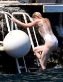Amber Heard Pokies in Wet White Swimsuit in Amalfi