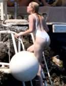 Amber Heard Pokies in Wet White Swimsuit in Amalfi