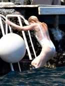 Amber Heard Pokies in Wet White Swimsuit in Amalfi