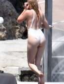 Amber Heard Pokies in Wet White Swimsuit in Amalfi