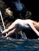 Amber Heard Pokies in Wet White Swimsuit in Amalfi