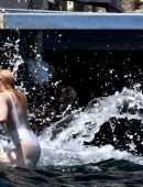 Amber Heard Pokies in Wet White Swimsuit in Amalfi