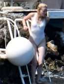 Amber Heard Pokies in Wet White Swimsuit in Amalfi