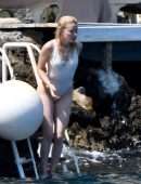 Amber Heard Pokies in Wet White Swimsuit in Amalfi
