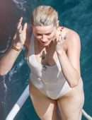 Amber Heard Pokies in Wet White Swimsuit in Amalfi