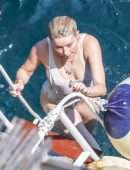 Amber Heard Pokies in Wet White Swimsuit in Amalfi