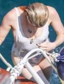 Amber Heard Pokies in Wet White Swimsuit in Amalfi