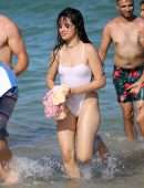 Camila Cabello Booty and Pokies in Wet See-Through Swimsuit in Miami