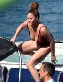 Chrissy Teigen Booty in Swimuit on Holiday in a Yacht in Portofino, Italy