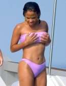 Christina Milian Booty and Pokies in Purple Bikini on a Yacht in France