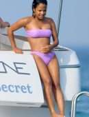 Christina Milian Booty and Pokies in Purple Bikini on a Yacht in France