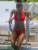 Karrueche Tran Booty in Red Bikini at a Pool in Hawaii