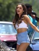 Ariana Grande Leggy in Denim Shorts on a Music Video Set