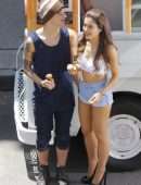 Ariana Grande Leggy in Denim Shorts on a Music Video Set