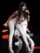 Camila Cabello in White Cutout Catsuit, Performing for Verizon Up at The Fillmore Miami Beach