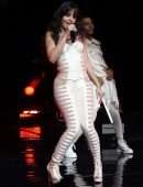 Camila Cabello in White Cutout Catsuit, Performing for Verizon Up at The Fillmore Miami Beach