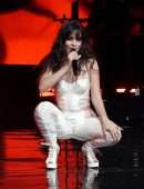Camila Cabello in White Cutout Catsuit, Performing for Verizon Up at The Fillmore Miami Beach