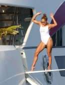 Jennifer Lopez in White Swimsuit on a Yacht in St Tropez