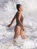 Paula Patton in Leopard Print Swimsuit on Malibu Beach