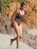 Paula Patton in Leopard Print Swimsuit on Malibu Beach