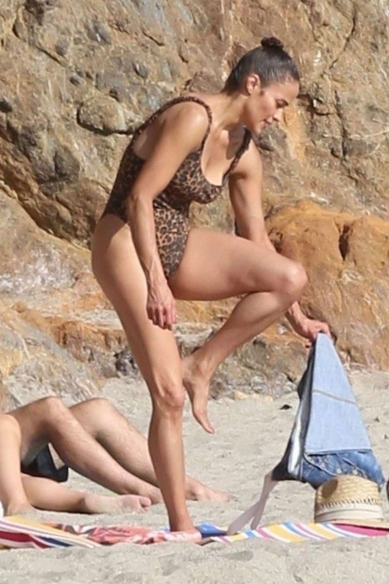 Paula Patton in Leopard Print Swimsuit on Malibu Beach