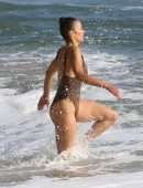 Paula Patton in Leopard Print Swimsuit on Malibu Beach