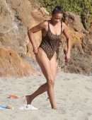 Paula Patton in Leopard Print Swimsuit on Malibu Beach