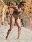 Paula Patton in Leopard Print Swimsuit on Malibu Beach
