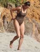 Paula Patton in Leopard Print Swimsuit on Malibu Beach