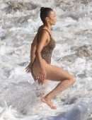 Paula Patton in Leopard Print Swimsuit on Malibu Beach