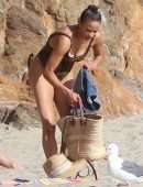 Paula Patton in Leopard Print Swimsuit on Malibu Beach