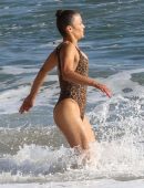 Paula Patton in Leopard Print Swimsuit on Malibu Beach