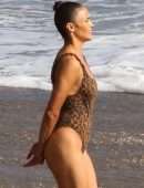 Paula Patton in Leopard Print Swimsuit on Malibu Beach