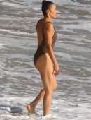 Paula Patton in Leopard Print Swimsuit on Malibu Beach