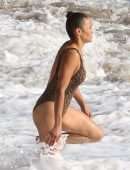 Paula Patton in Leopard Print Swimsuit on Malibu Beach