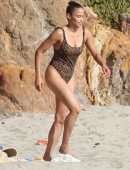 Paula Patton in Leopard Print Swimsuit on Malibu Beach