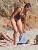 Paula Patton in Leopard Print Swimsuit on Malibu Beach